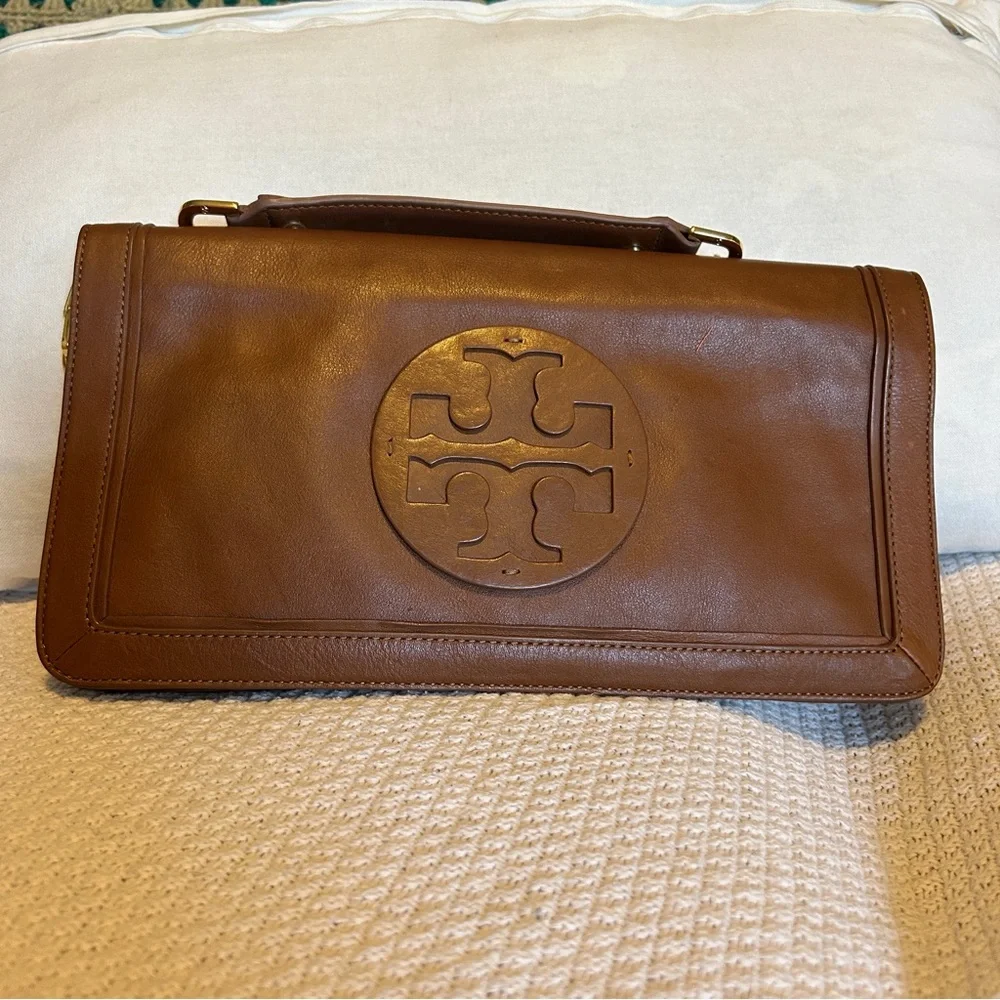 TORY BURCH Reva Brown Leather Shoulder/Hand/Clutch Bag with Gold Accents